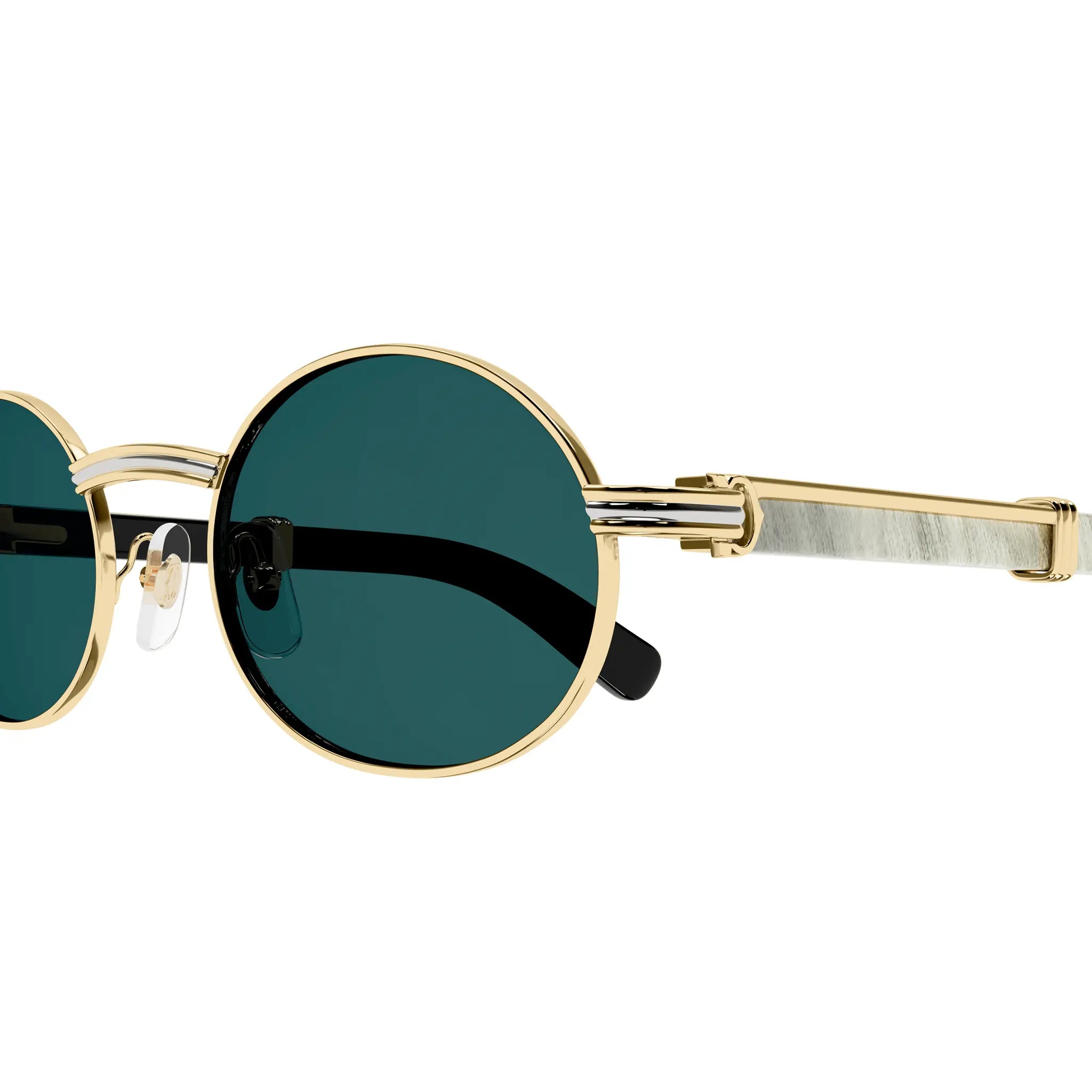 Detail side view of Cartier Eyewear CT0464S-003 White Gold Green Sunglasses